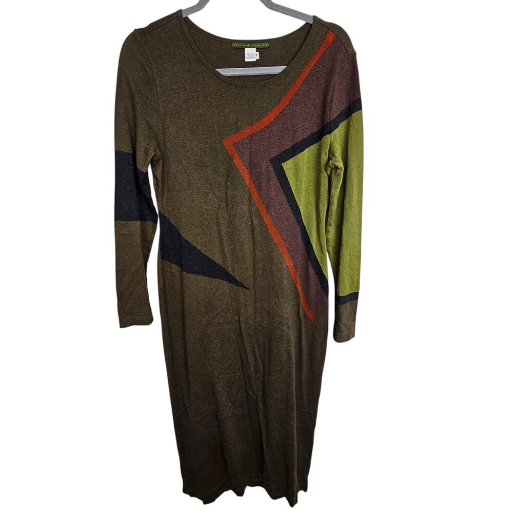 Peruvian Connection Dress Sweater Dress Knit Dress Knee Length Dress M Green